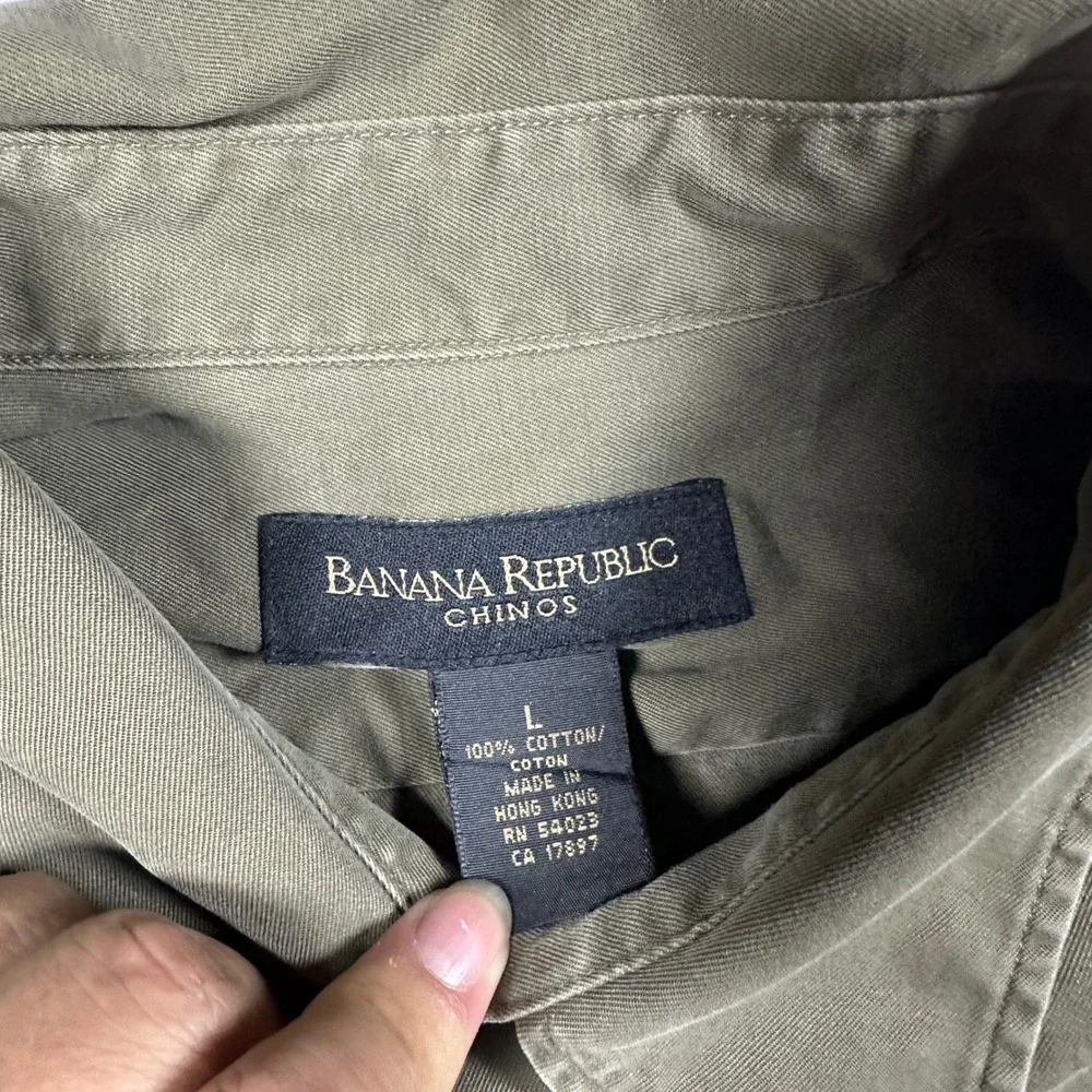 VTG Banana Republic Mens L Olive Green Cotton Military Work Shirt Long‎ Sleeve
